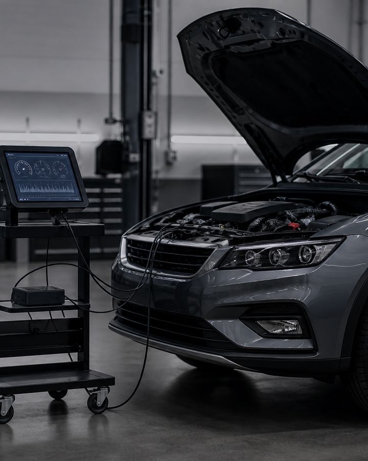 Technician working diagnostics in the bay